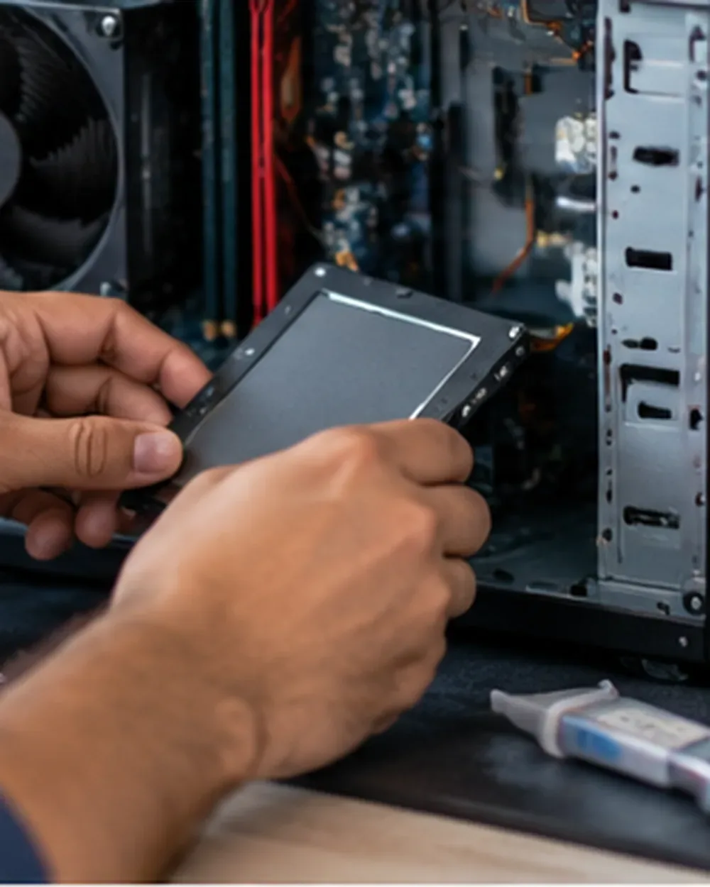 Técnico dando mantenimiento a una computadora en el taller de Soporte Técnico 24 MX