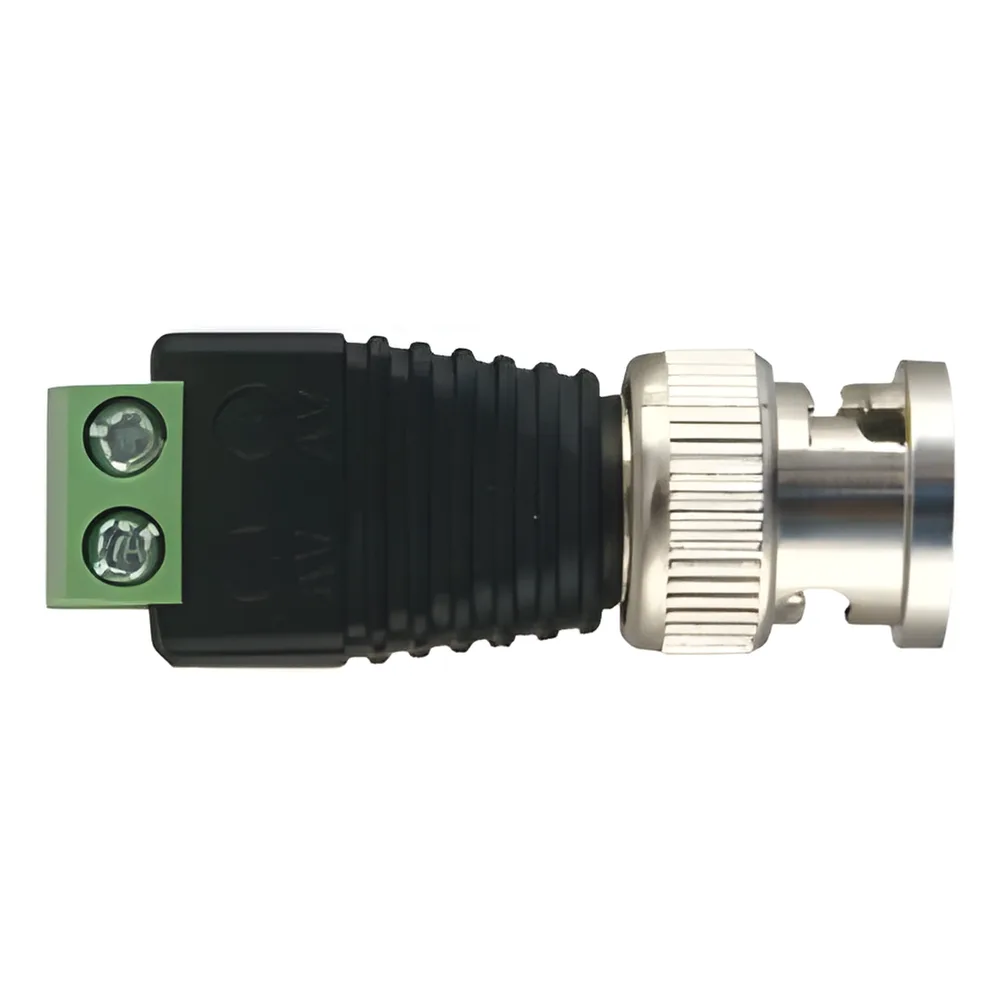 Adaptador de conector BNC macho a 2 terminales-tornillo para cables AWG-26-14, en aplicaciones Video Vigilancia, Níquel/ Oro/  PTFE y PVC.