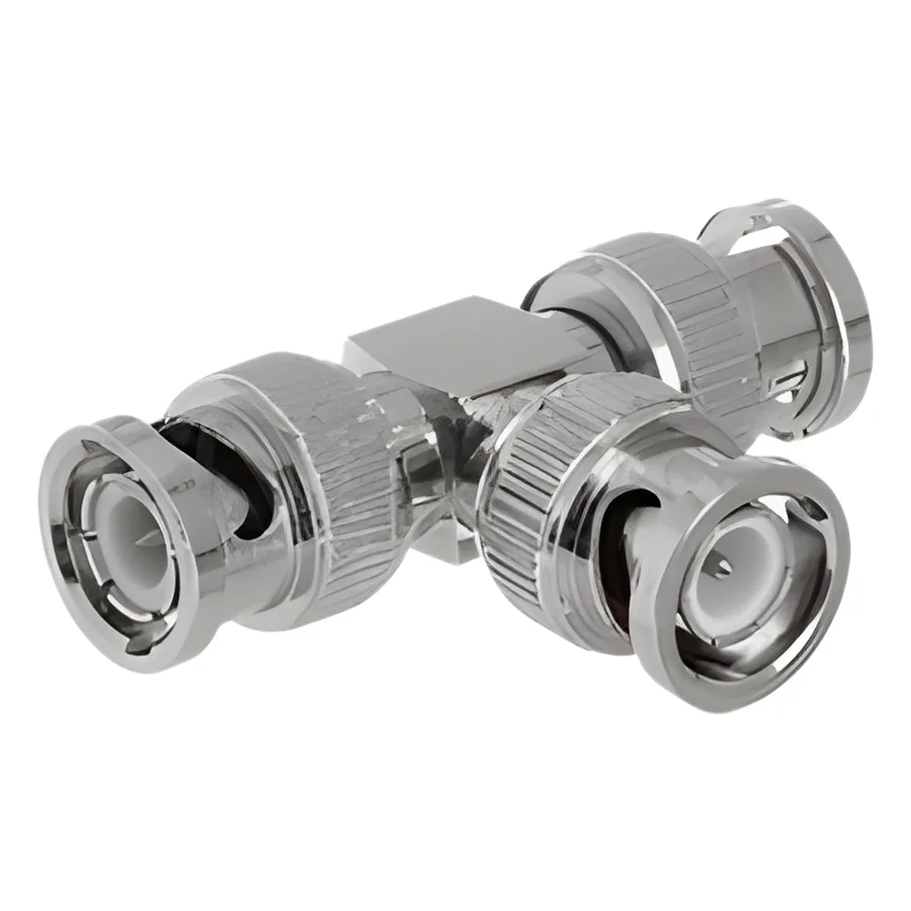 Adaptador de Triple conectores BNC macho para uso en sistemas de video vigilancia en aplicación con cables coaxiales RG-59/ RG-6, Níquel/ Oro/ Politetrafluoroetileno.