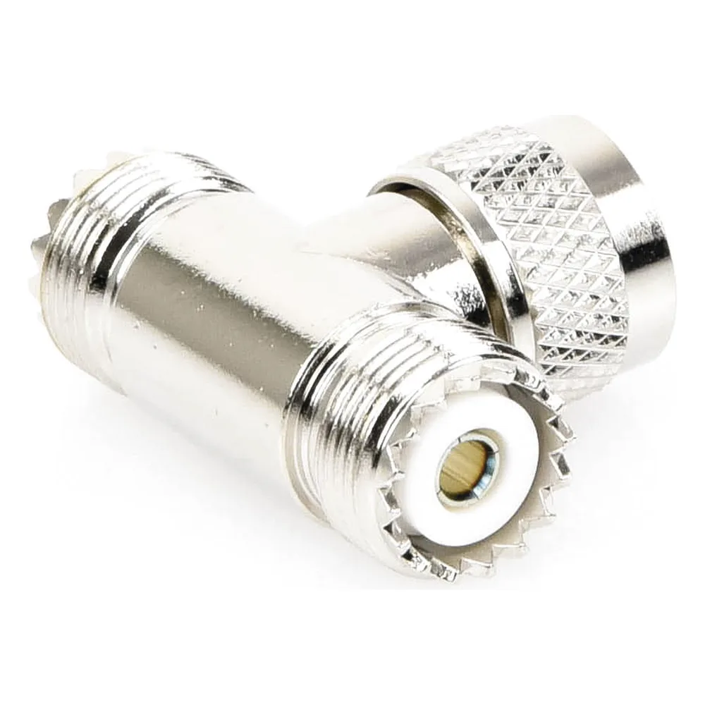Adaptador en forma T, de Conector UHF Macho (PL-259) a Doble UHF Hembra (SO-239), Níquel/ Plata/ Delrin. – vista 4