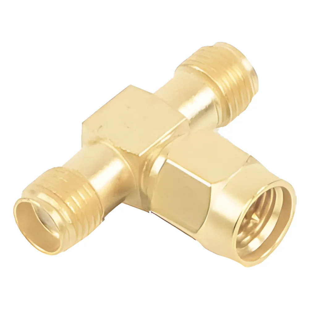 Adaptador en T, de Conector SMA Macho a Doble SMA Hembras, Oro/ Oro/ Teflón.