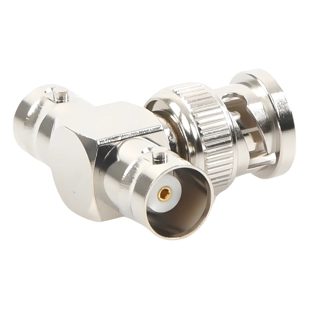 Adaptador en T para 50 Ohm de BNC Macho a Doble BNC Hembra, Maquinado, Níquel/ Oro/ Teflón. – vista 2