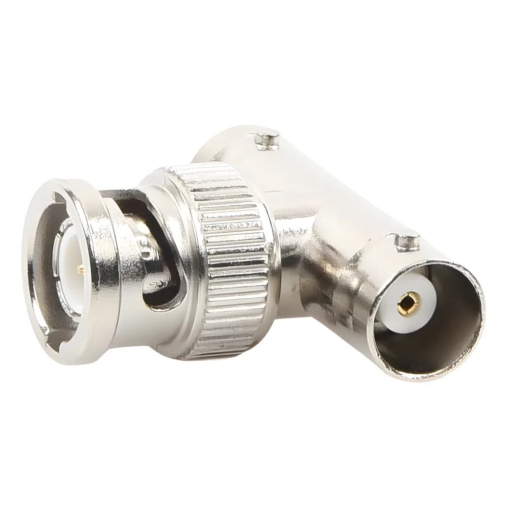Adaptador en T para 50 Ohm de BNC Macho a Doble BNC Hembra, Troquelado, Níquel/ Oro/ Delrin. – vista 4