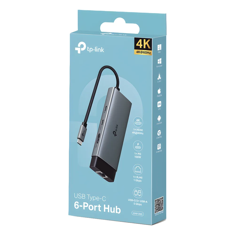 Adaptador HUB 6 en 1, 1 puerto USB-C entrada, 1 puerto HDMI 4K, 1 puerto Ethernet Gigabit, 1 puerto USB-C y 2 puertos USB-A – vista 4