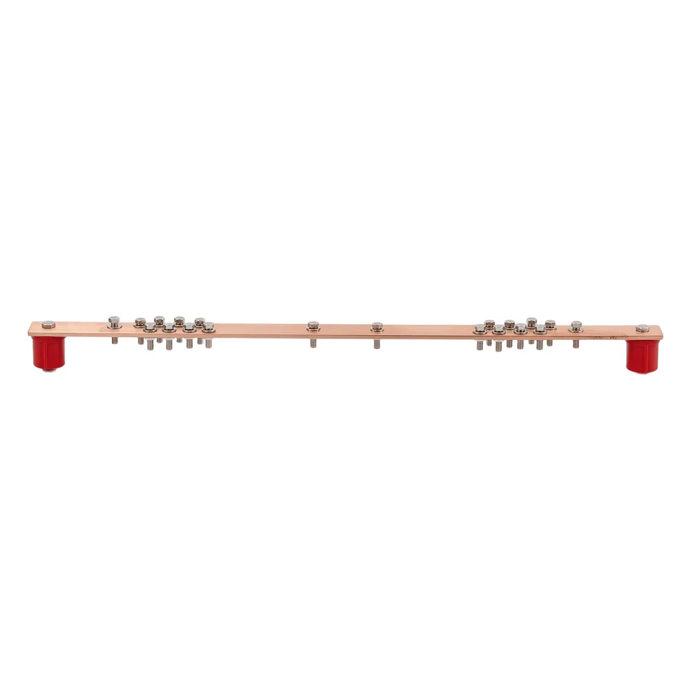 Barra Distribución Tierra Rack 19 in / Cobre 100% / 550A / Aisladores Rojos / 0.64 cm (0.25 in) / J-STD-607-A