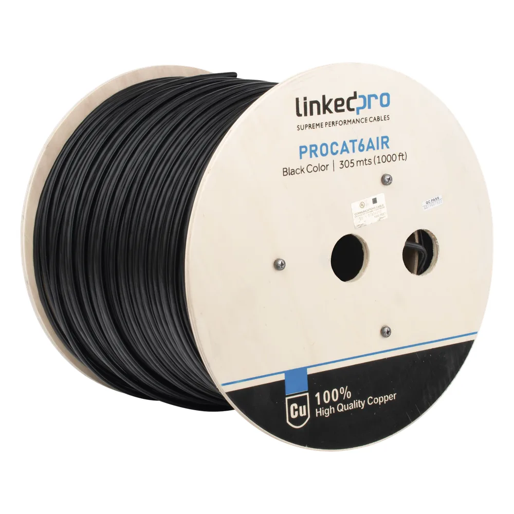 Bobina de Cable FTP con Mensajero de Acero de 305 Metros (1000 Pies) Cat6+ Calibre 23, Color Negro, para Aplicaciones en Video Vigilancia y Redes de Datos / Uso en Intemperie y Aplicaciones Aéreas