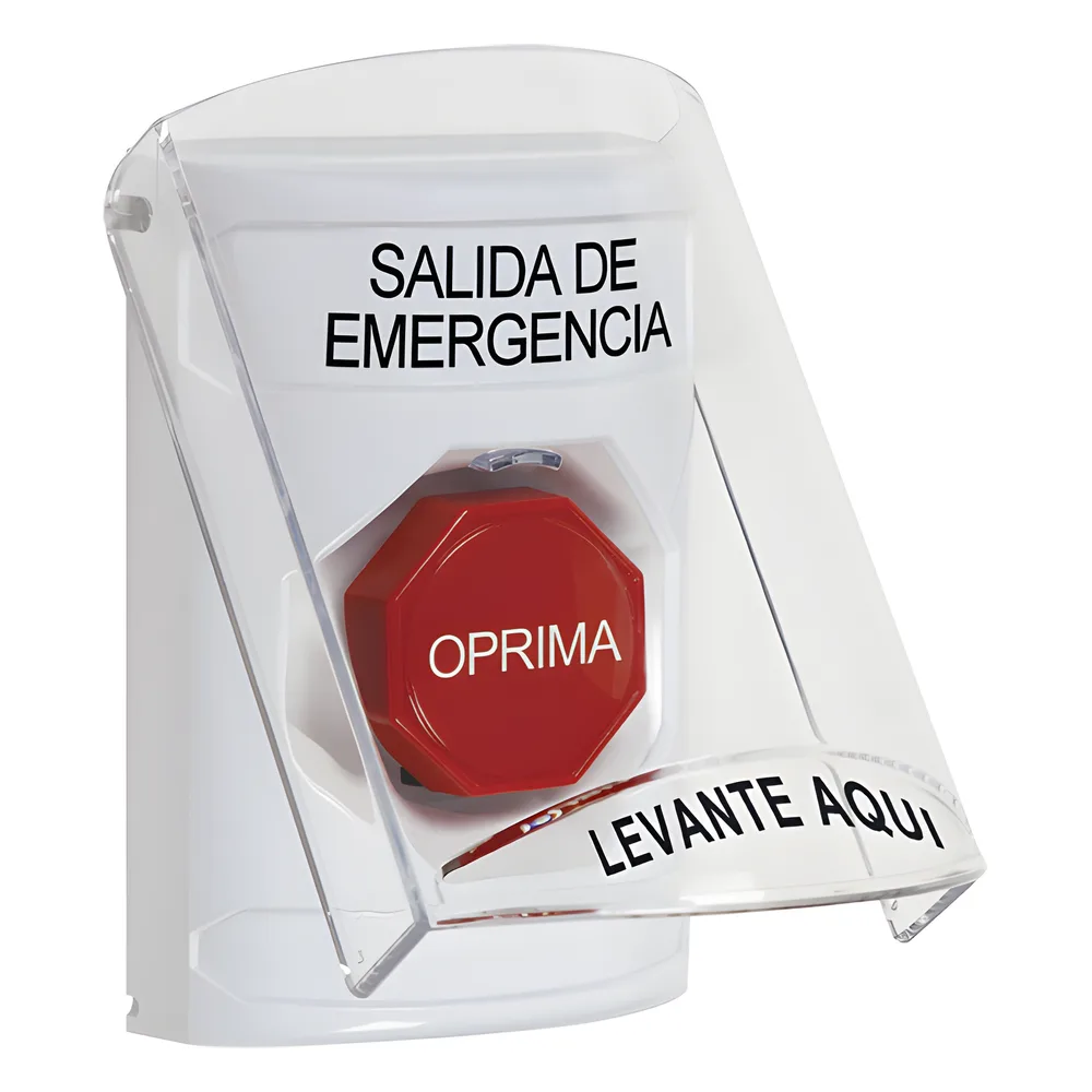 Botón de Emergencia, Texto en Español, Tapa Protectora de Policarbonato Súper Resistente, Restablecimiento con Llave