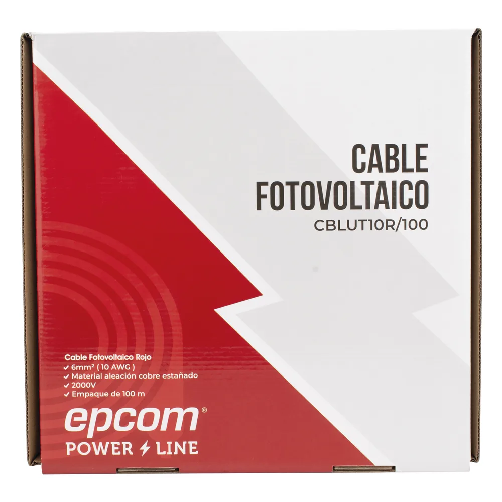 Cable Fotovoltaico Rojo / Cobre Estañado / 6 mm² (10 AWG) / 2000V / Rollo 100m / UL 4703 y TUV