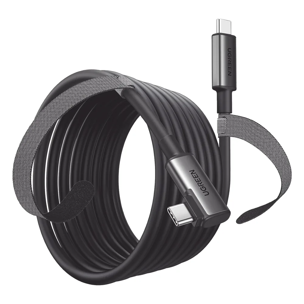 Cable USB-C a USB-C (Cable Link) | 5 metros (16 pies) | Transferencia de Alta Velocidad | Carga Rápida | Un Extremo Angulado | Caja de Aluminio | Nylon Trenzado.