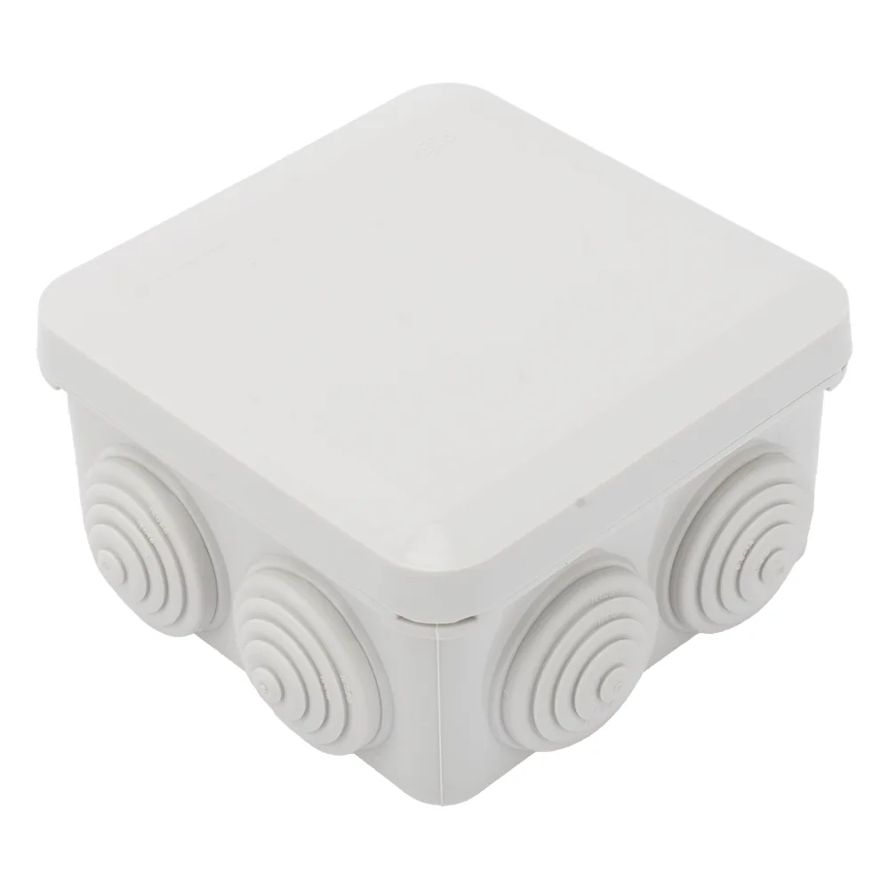 Caja Estanca, Derivación, Conexión de Plástico (89 X 89 X 50 mm) con 7 Glándulas de Goma. Para Instalaciones Comerciales, Residenciales e Industriales. Cerrado a Presión.