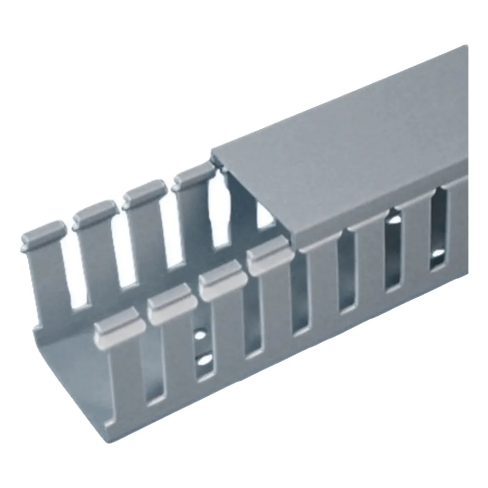 Canaleta Ranurada de PVC con Tapa, Tipo F, 57.2 mm de Ancho, 104.1 mm de Alto y 2 m de Largo, Color Gris