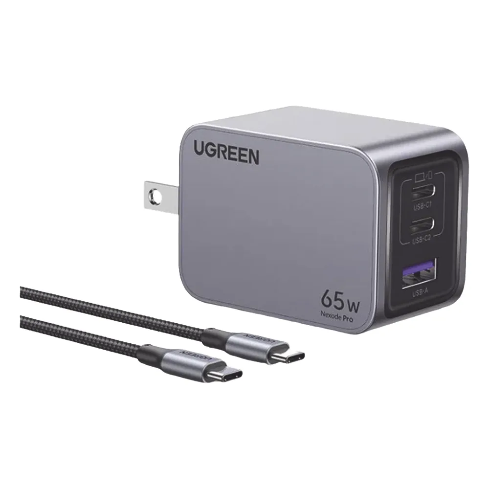 Cargador de 65W serie Nexode Pro | 3 Puertos de Carga Rápida | 2 USB-C | 1 USB-A | Tecnología GaNInfinity | PD3.1 de 65W / QC4.0 | Tecnología de Protección Térmica | Optimiza la Carga | Caja de Aluminio | Incluye Cable U