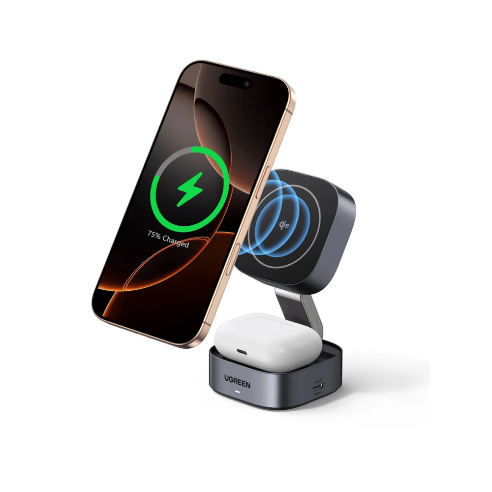 Cargador Inalámbrico 2 en 1 25W / Tecnología Magnética Qi 2 / 15W para Teléfono + 5W para Auriculares / Puerto USB-C 5W / Protecciones Múltiples / Cable USB-C Incluido – vista 2