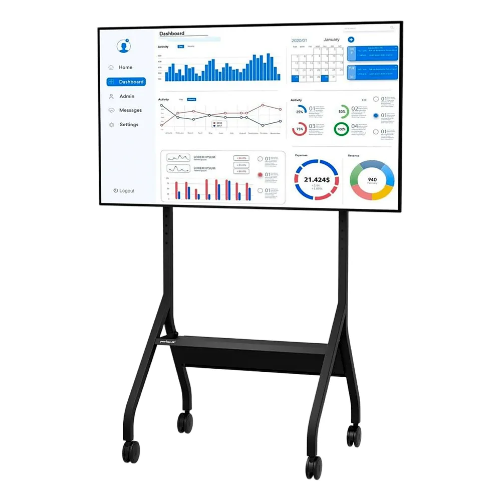 Carro Móvil para Pantalla Plana / 43" a 75"+ Displays / Altura Ajustable 49.8"-65.8" (126.5-167.1 cm) / Capacidad 150 lb (68 kg) / 4 Ruedas Dobles 4" (102 mm) / Gestión de Cableado Interno / Estructura Tubular / Incl – vista 2