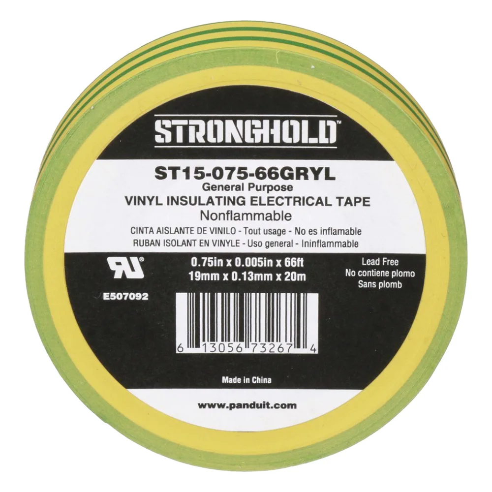 Cinta Eléctrica STRONGHOLD para Aislar, de PVC, Uso Construcción General en Tierras Físicas, Grosor de 0.13 mm (5 mil), Ancho de 19.05 mm, y 20.12 m de Largo, Color Amarillo/Verde.