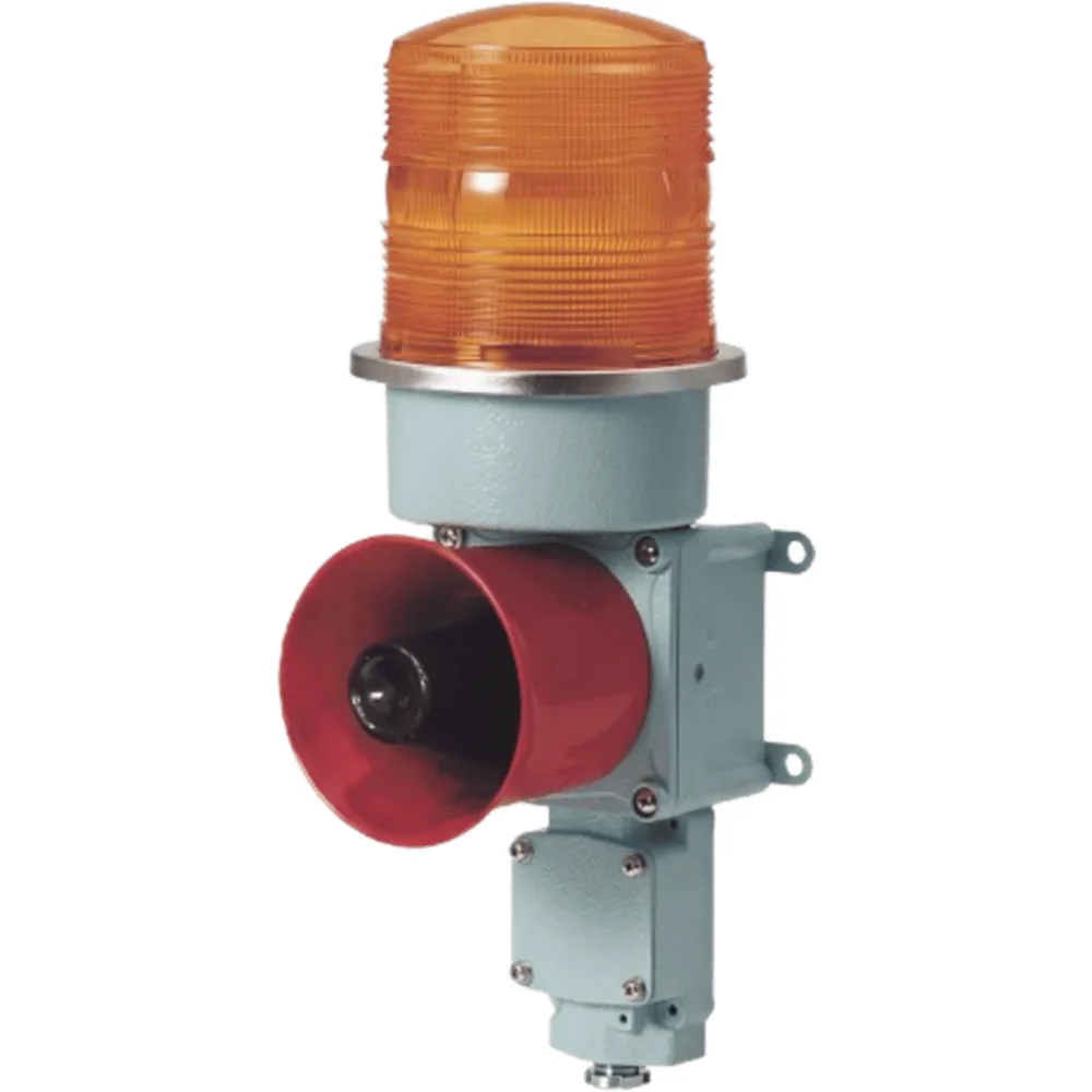 Combinación de Luz Giratoria LED y Bocina Eléctrica / WS-5 Sonidos de Advertencia / 120dB Máx. / AC120V / IP66 / Lente Ámbar / Carcasa de Aluminio / Compatible con Jaula Protectora STS316L / Aplicaciones Marítimas e Indu