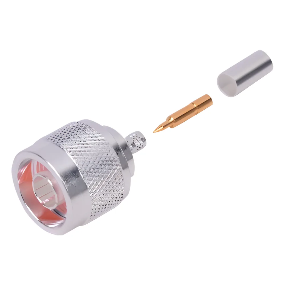 Conector Coaxial N Macho de Anillo Plegable para Cable RG-142/U, Plata/ Oro/ Teflón.