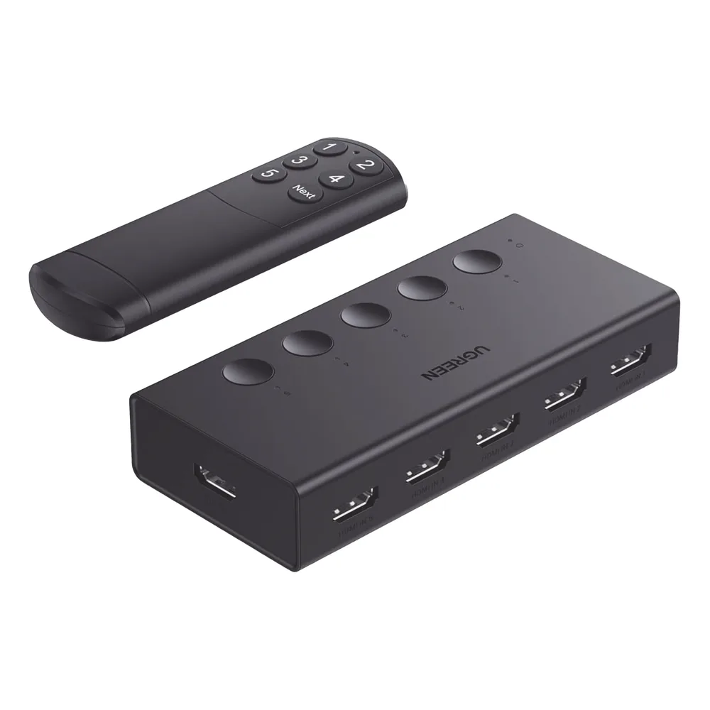 Conmutador HDMI 5X1 | 4K@60Hz | HDMI 2.0, 1.4 | HDCP 2.2, 1.4 | VRR | Dynamic HDR | 3D | CEC | EDID | IR 10 Metros (32.81 Pies) | 18Gbps | Cambio Manual y por Control Remoto | Incluye Cable de Alimentación USB