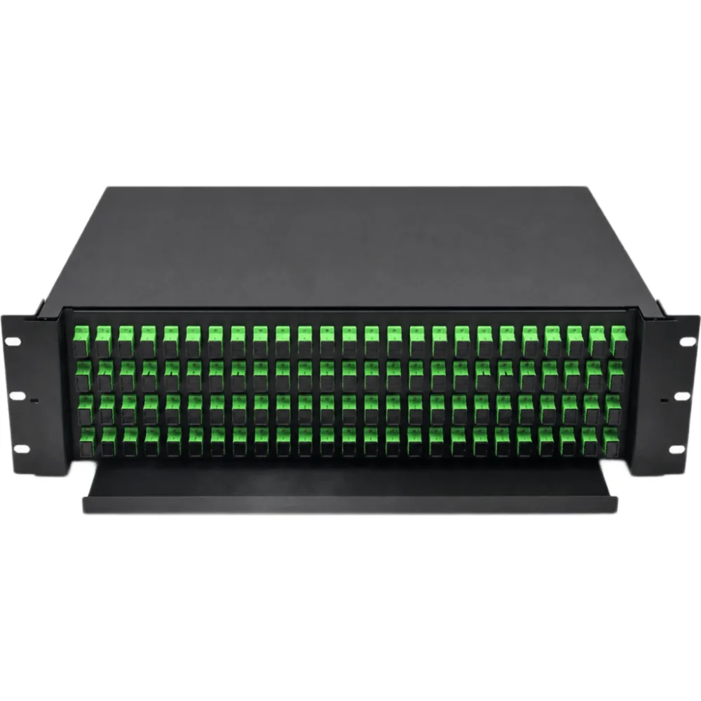 Distribuidor de Fibra Óptica (ODF) para 144 Empalmes, con 144 Acopladores SC/APC y 144 Pigtails SC/APC, para Rack de 19, 4 UR