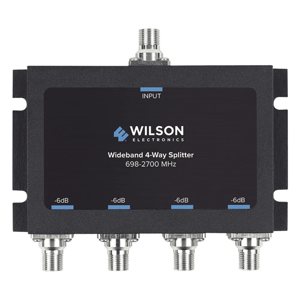 Divisor de potencia de 4 vías para la distribución de señal a dos antenas de servicio | 6 dB de pérdida por puerto | Conectores F hembra