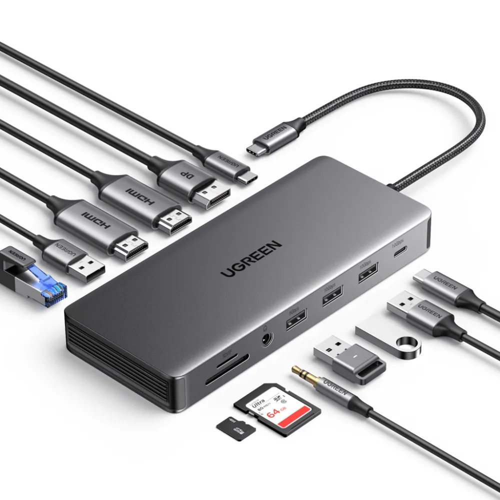 Docking Station USB-C 12 en 1 / 2 HDMI 4K@60Hz + DisplayPort 4K@60Hz / 6 Puertos USB (3.2 y 3.0) / Gigabit Ethernet / Lector SD/TF / Audio 3.5mm / PD 100W / Compatibilidad Multiplataforma