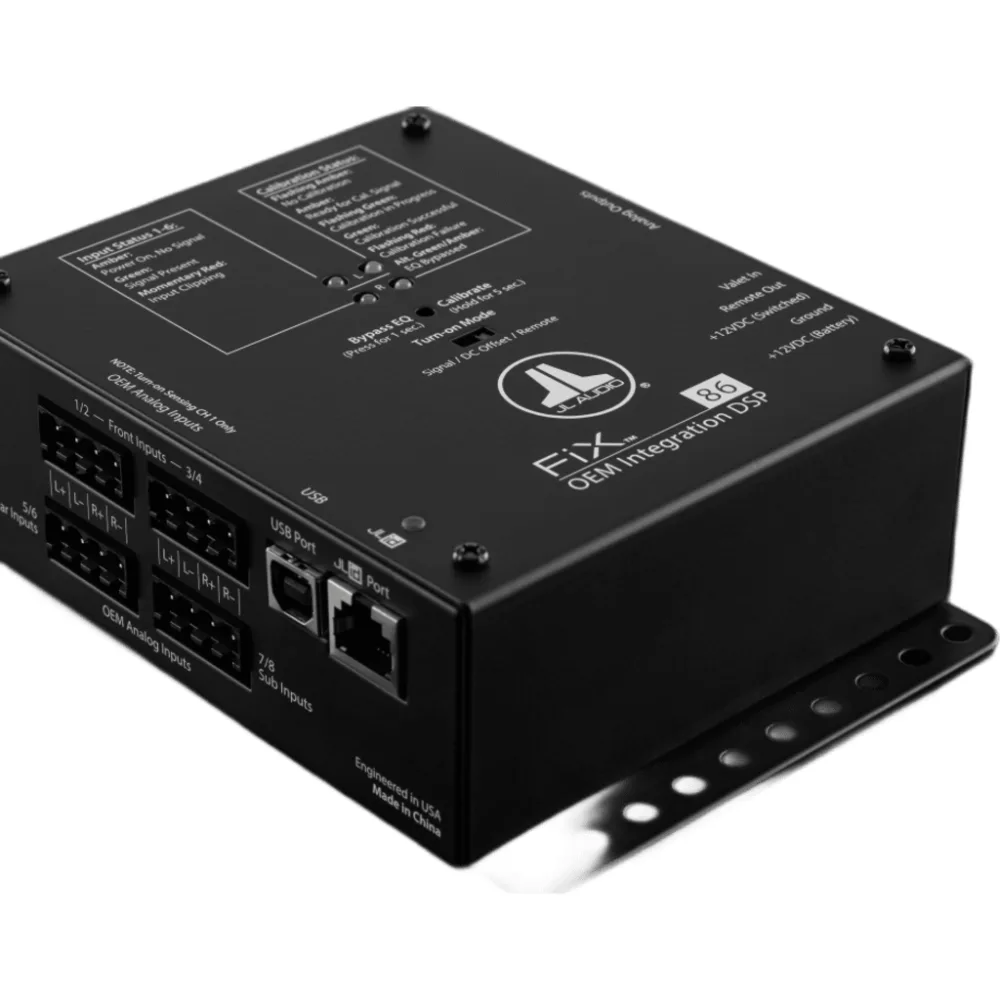 DSP para Integración OEM / 8 Canales de Entrada y 6 de Salida / Audio 24 bit/48 kHz / Ecualizador de 1/3 Octava (25-20 kHz) / Entrada 250 mV-30 V RMS / Salida RCA Estéreo No Equilibrada / Fuente Conmutada CC-CC Regulada / Control Remoto Opci