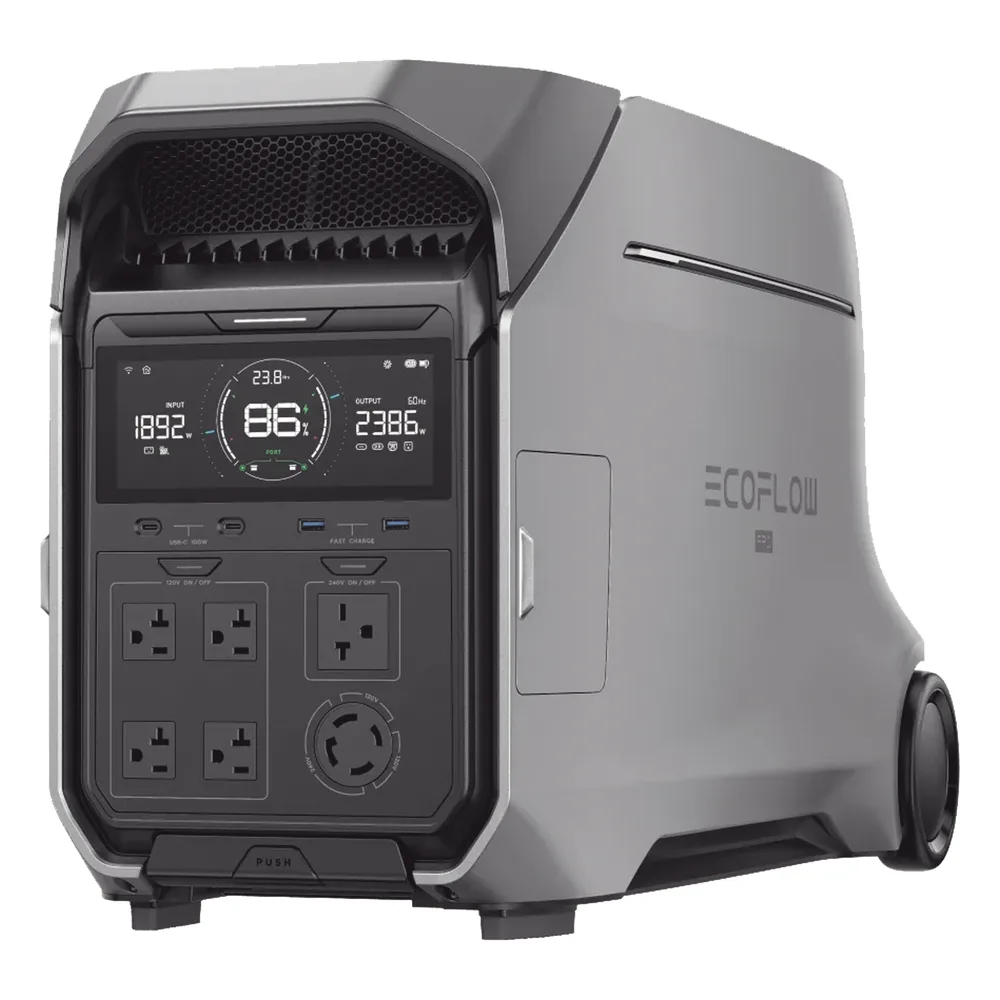 Estación de Energía Portátil DELTA PRO3 / 4096Wh Litio LFP / 5 AC 4000W (8000W Pico) / 2 USB-C 100W / Capacidad para Aumentar Respaldo / Cargador de Coche 10A a 12.6V / Conectividad WiFi y Bluetooth (App) / Carga Solar 2600W Max. (2 P – vista 4