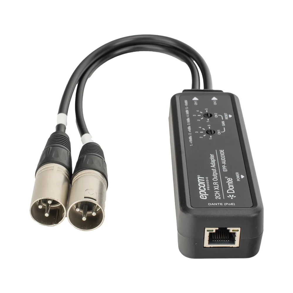 Extensor de Audio Dante® 2CH XLR Output Adapter | Entrada Digital Dante® | Salida XLR Balanceada/No Balanceada | Latencia Configurable 1-5ms | HDMI 1.4 | HDCP 1.4 | PoE IEEE802.3af | USB-C | Transmisión 100m