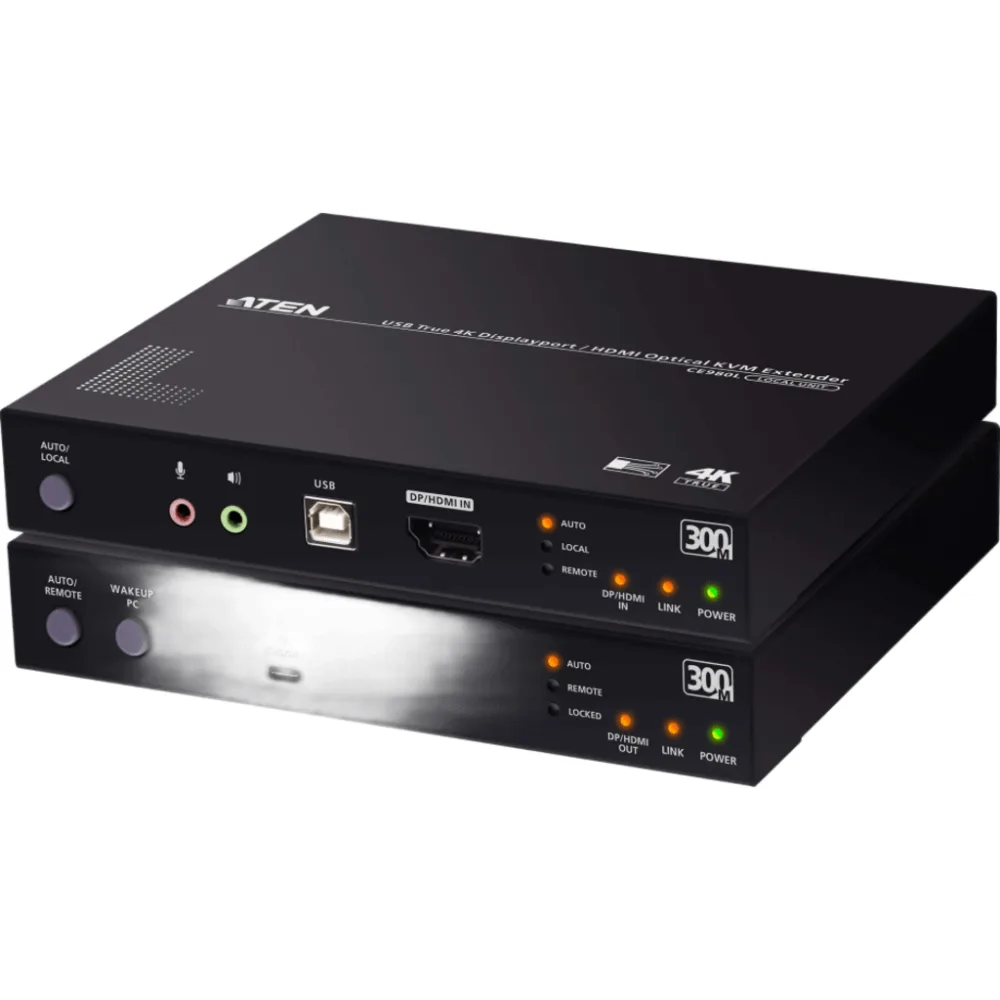 Extensor KVM Óptico USB True 4K | DisplayPort-HDMI | 300 m (984.3 ft) | Resolución 4K @ 60 Hz 4:4:4 | HDR10 | RS-232 | USB 2.0 | Audio Estéreo y Embebido | SFP+ 10 Gbps