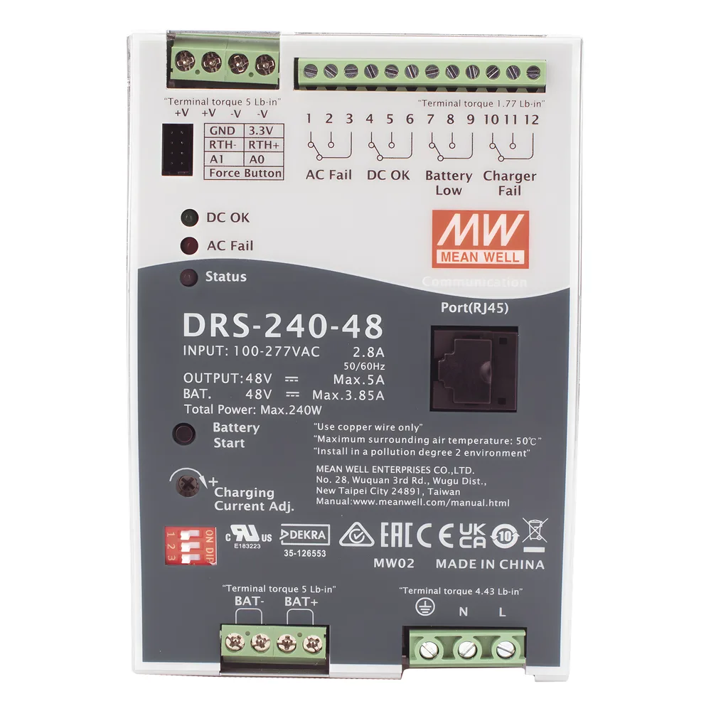 Fuente de Poder Industrial de 240W con Cargador de Baterías, salida 48Vcc, 5A, para montaje Riel Din – vista 2