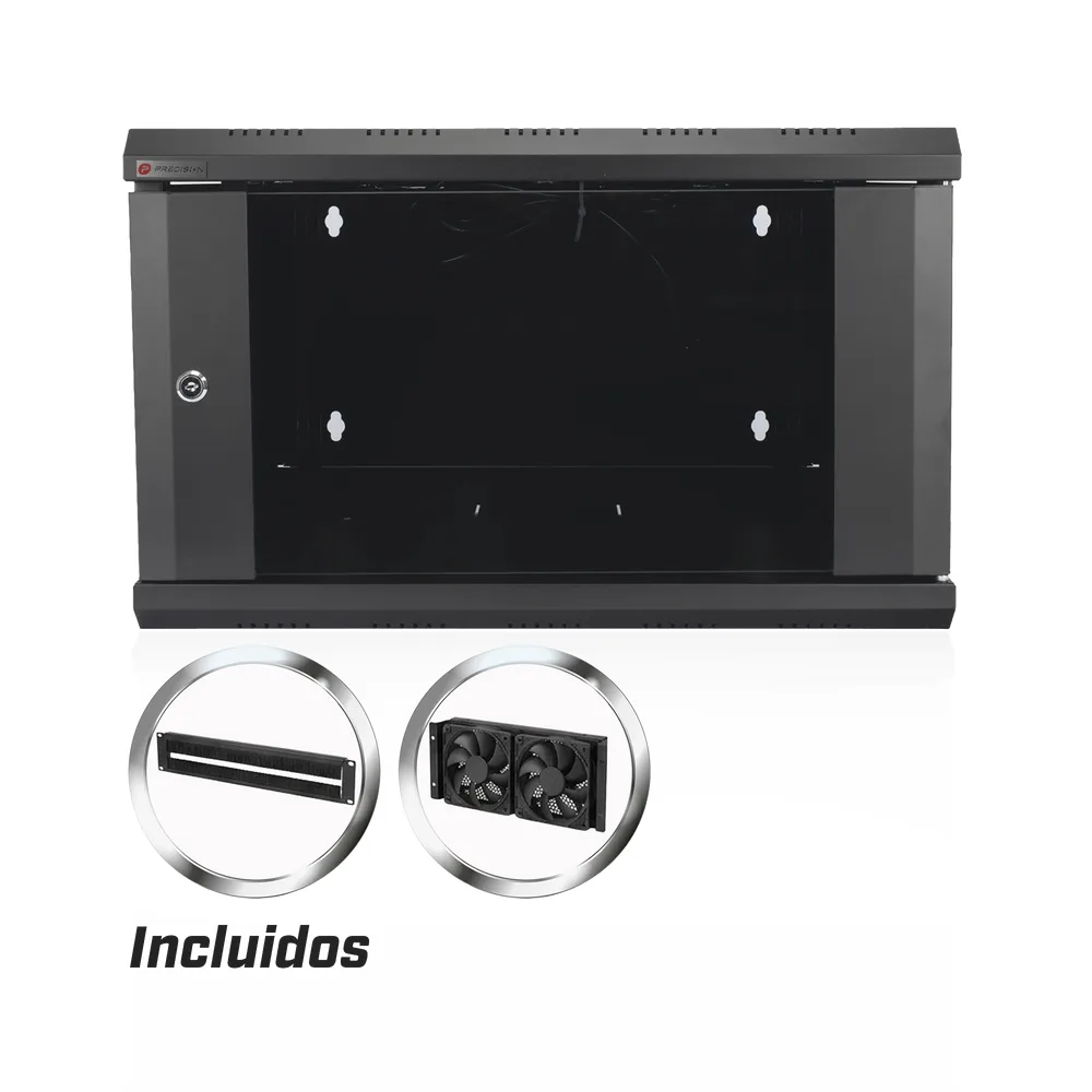 Gabinete de Pared Desarmado / 6U / 19 Pulgadas / 600 x 550 x 382 mm / Cristal Templado 5 mm / Carga Estática 60 kg / Acero SPCC RAL 9004 / IP20 Interior / RoHS