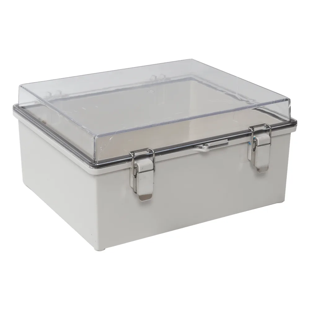 Gabinete Plástico ABS, Puerta Transparente, Uso en Intemperie (300 x 300 x 180 mm) Cierre por Broches Inoxidables y Permite Cerrado con Candado y Llave (Perno 5mm) No Incluido