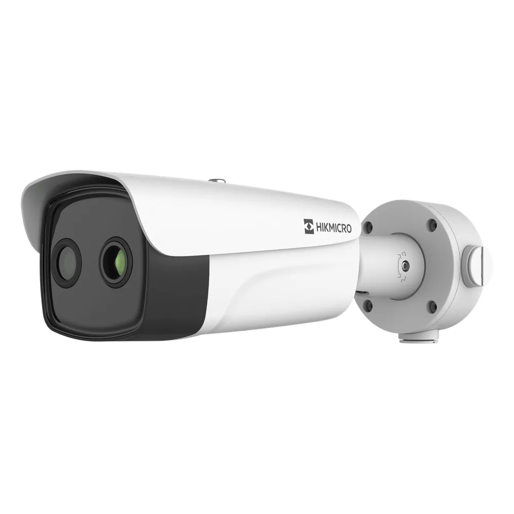 (HIKMICRO) Bala IP Bi-Espectral / Térmica (388 X 288 / 35 mm) + Óptica (4 MP / 12.4 mm) / IA GUANLAN / Rango: -20°C a 150°C / 8°C Tolerancia / Detección de Fuego y Humo / Alarma Visual y Audible / Dual Light / PoE / Antico