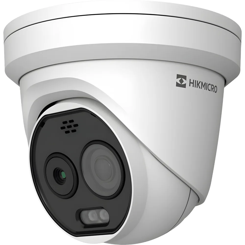 (HIKMICRO) Turret IP Bi-espectral (Térmica + Óptica) / Lente Térmico 2.1 mm (256 X 192) / Lente Óptico 2.2 mm (5 Megapixel) / Detección de Temperatura (-20°C a 650°C) / IA con GUANLAN / Dual Light (30 mts IR + 30 – vista 2