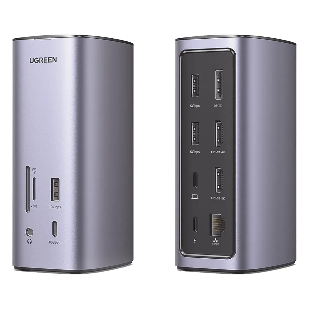 HUB USB-C (Docking Revodok Pro) 12 en 1 | 2 USB-A 3.0 | 1 USB-C PD Carga 100W | 1 USB-A 3.1 | 1 USB-C 3.1 | HDMI 4K | HDMI 8K Ultra HD | Display Port 4K | RJ45 (Gigabit) | Lector Tarjeta SD + Micro SD (TF) | Jack Audio 3.5mm.