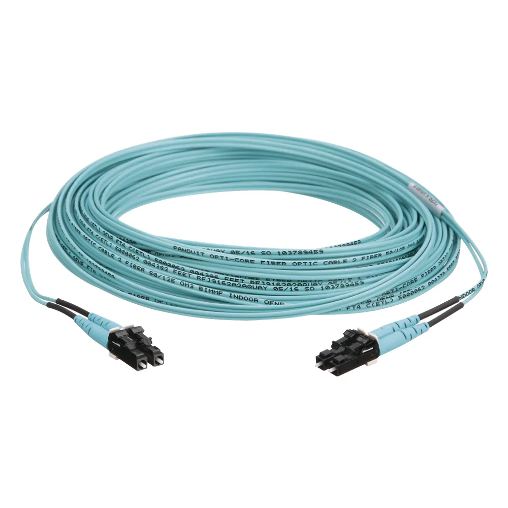 Jumper de Fibra Optica Multimodo 50/125 OM3, LC-LC Duplex, OFNR (Riser), Color Aqua, 10 Metros (32.81 Pies)