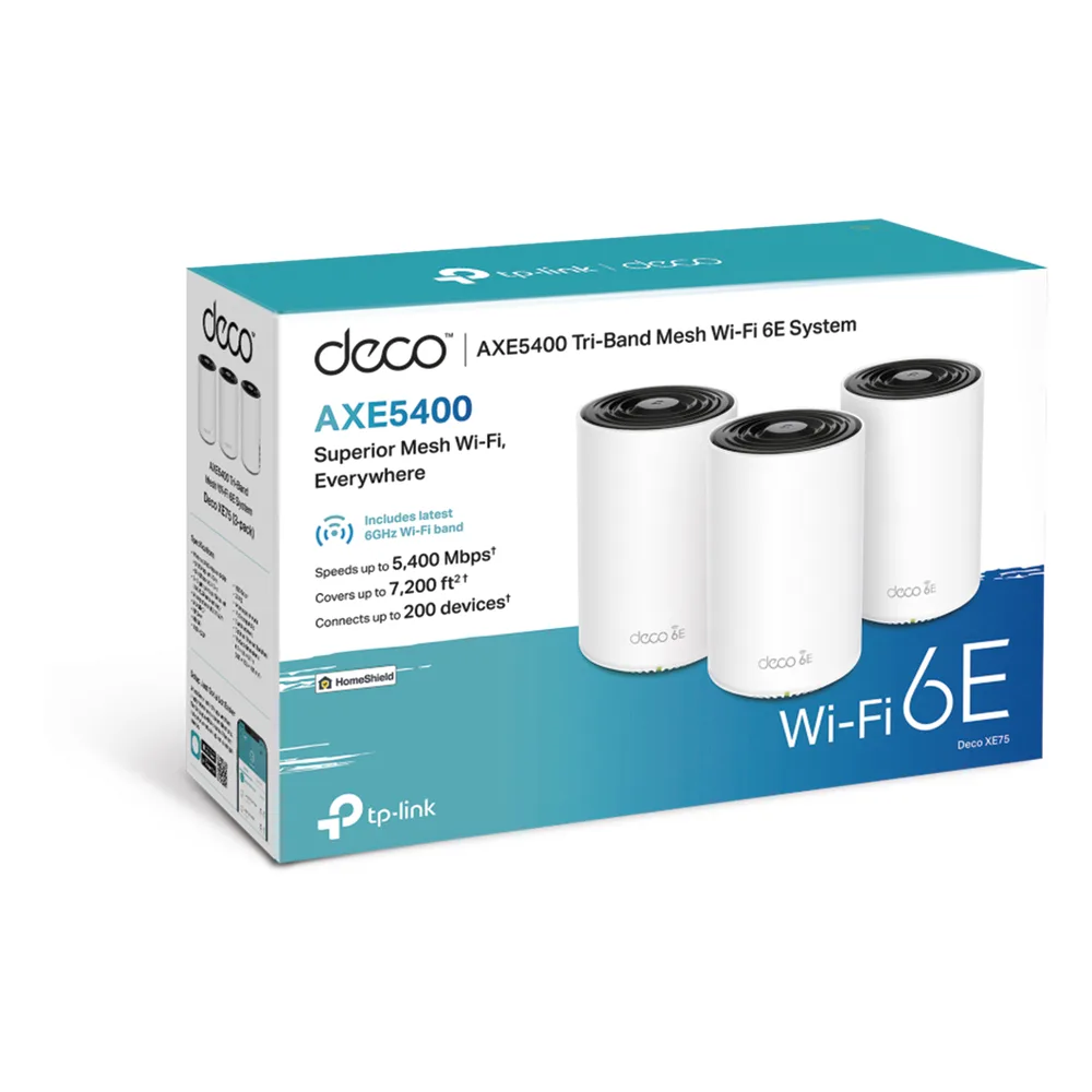 Kit 3 Routers Inalámbricos MESH Interior para Hogar / Doble Banda Wi-Fi 6E AX5400 Mbps / 3 Puerto Gigabit WAN/LAN / 4 Antenas Internas / Administración Mediante la App Deco (iOS, Android) / Protección HomeShield – vista 3