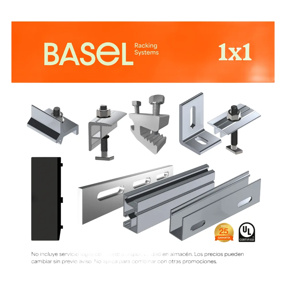 Kit Basel Sistema de Montaje Solar para 1 Módulo / Inclinación 10° / Para Módulo 645 W / Dimensiones del Módulo 2.382 m (7.8 ft) x 1.134 m (3.7 ft) / Velocidad de Viento 170 km/h /  Losa Plana Una Fila