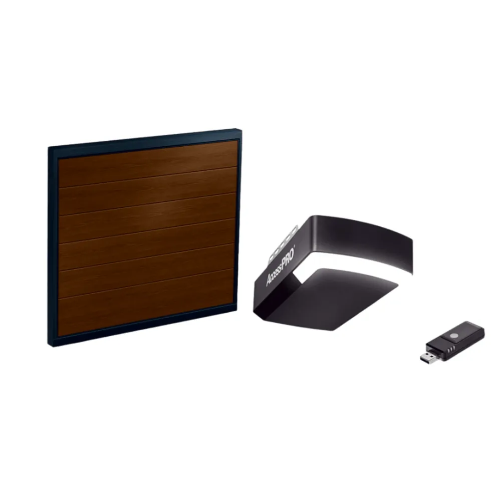 KIT COMPLETO Incluye /Puerta D/ Garage / APDOORB 12x7 Pies / Lisa Linea Central / Imitacion madera / Insulada / Interfase ACCESSWIFI / Motor FS1000M / 1/2HP / Fuerte/Silencioso/Luz LED/Motor DC .