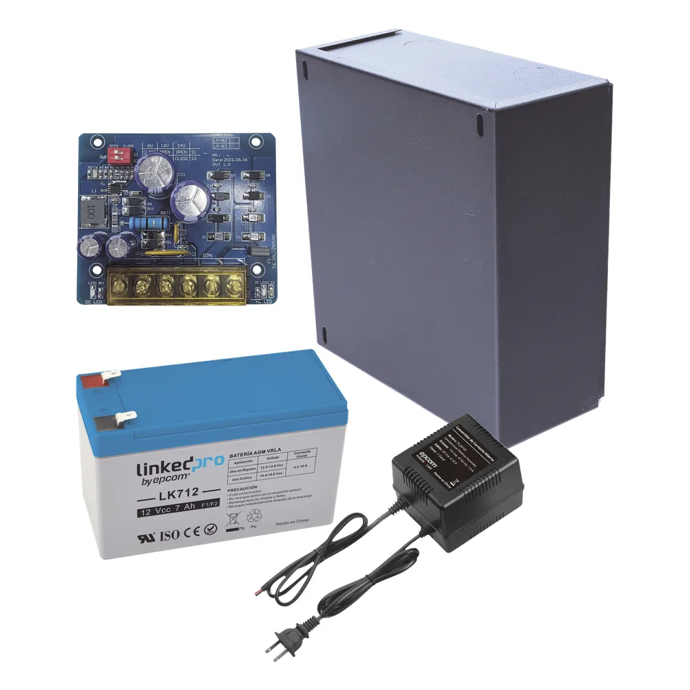 Kit con fuente PLB2 con salida de 12 Vcc a 2.5 Amper, incluye transformador y batería de 12 V a 7 Amper