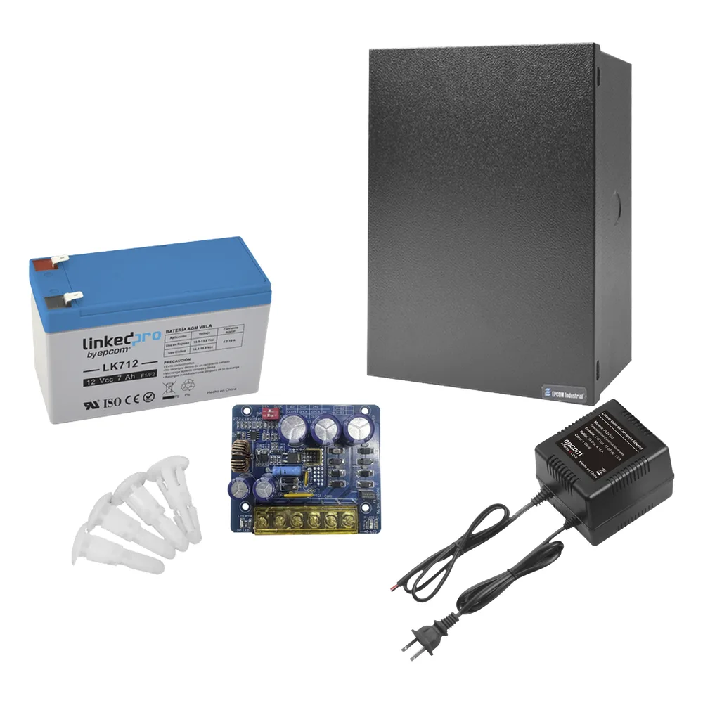 Kit con fuente PLB3 con salida de 12 Vcc a 4 Amper, incluye transformador y batería de 12 V a 7 Amper