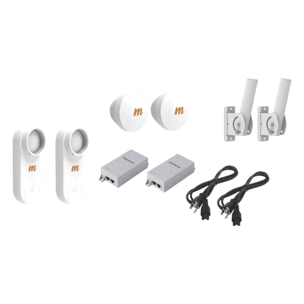 Kit de 2 radios C5X con 2 antenas de (16 dBi),  rango de frecuencia extendida (4.9 a 6.4 GHz),  incluye inyector POE, cable de alimentación y 2 FLEXIMOUNT-XL para alineación, distancia de hasta 6 km