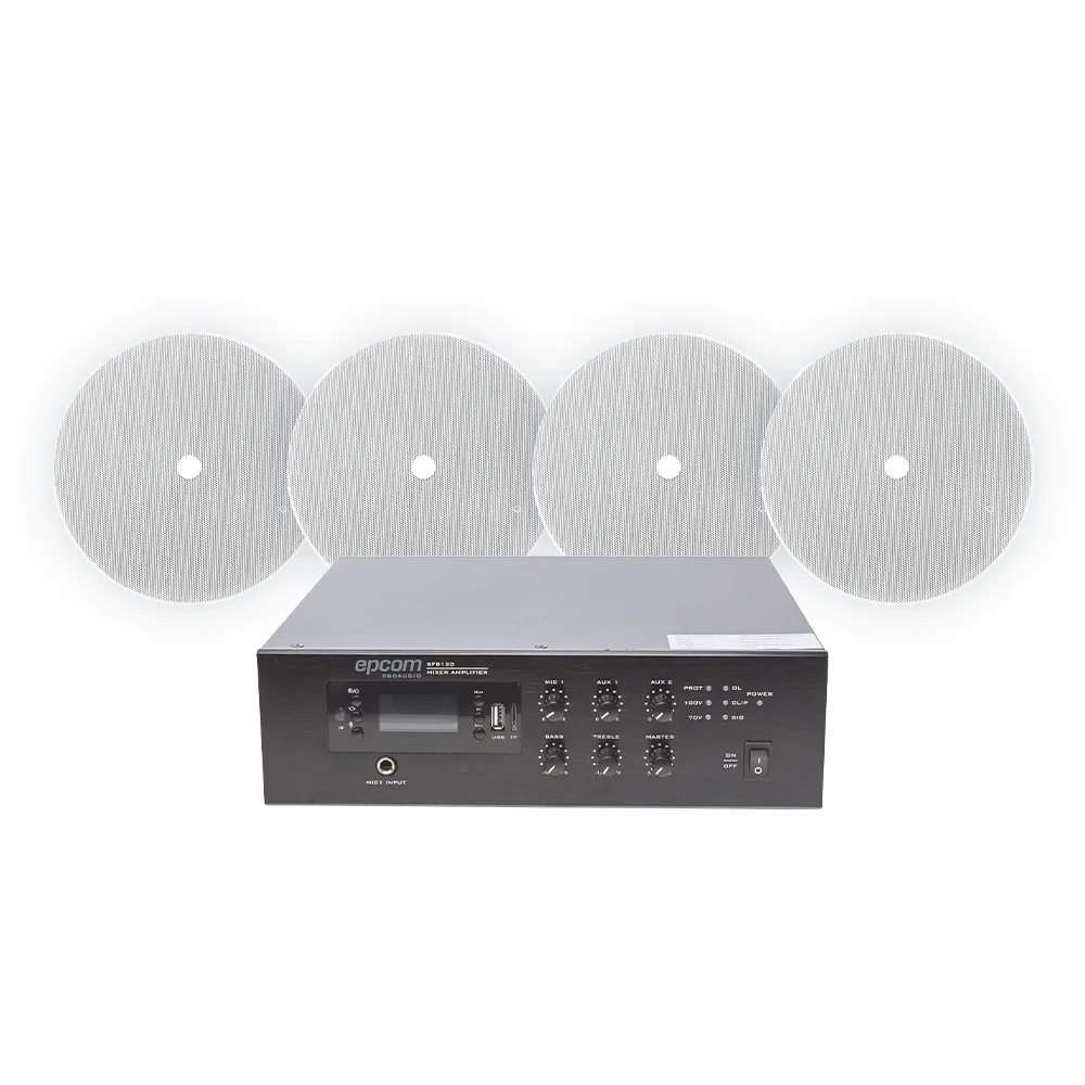 KIT de Amplificador de 120W para Escritorio | 4 Altavoces 6" | Montaje en Techo | 20W | 70/100V
