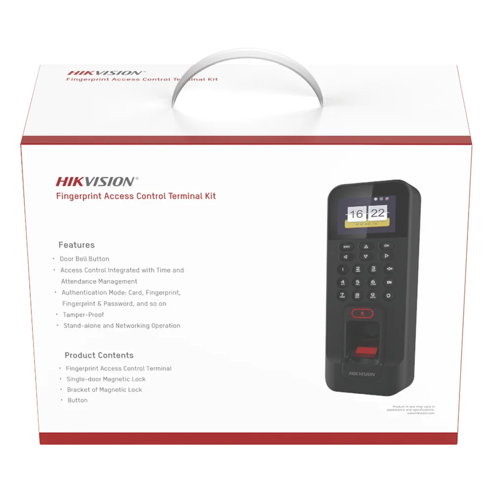 Kit de Control de Acceso TODO INCLUIDO con Lector de Huellas y Tarjetas / 3,000 Huellas / Compatible con App Hik-Connect / Incluye Electroimán  Botón de Salida y Montajes Z y L para imán (DS-K1T804)