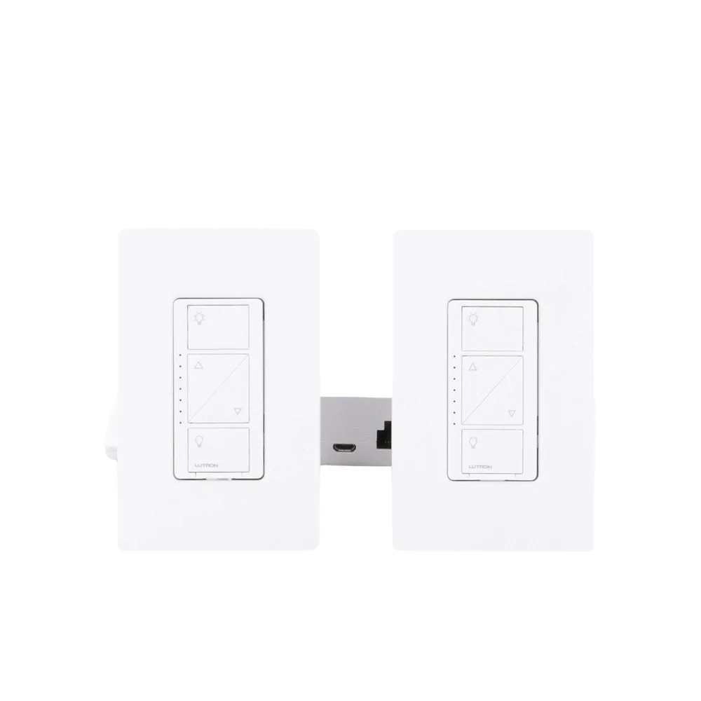 Kit de inicio de iluminación inteligente con hub Smart Bridge, 2 atenuadores de pared sin neutro, 2 controles Pico con pedestal de mesa y 2 placas, Caseta Wireless – vista 3