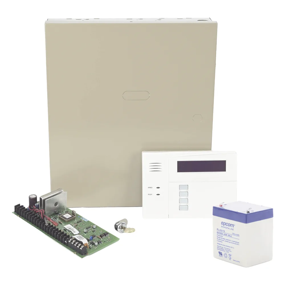 Kit de panel de alarma híbrido de hasta 48 zonas con gabinete, batería y teclado con receptor inalámbrico