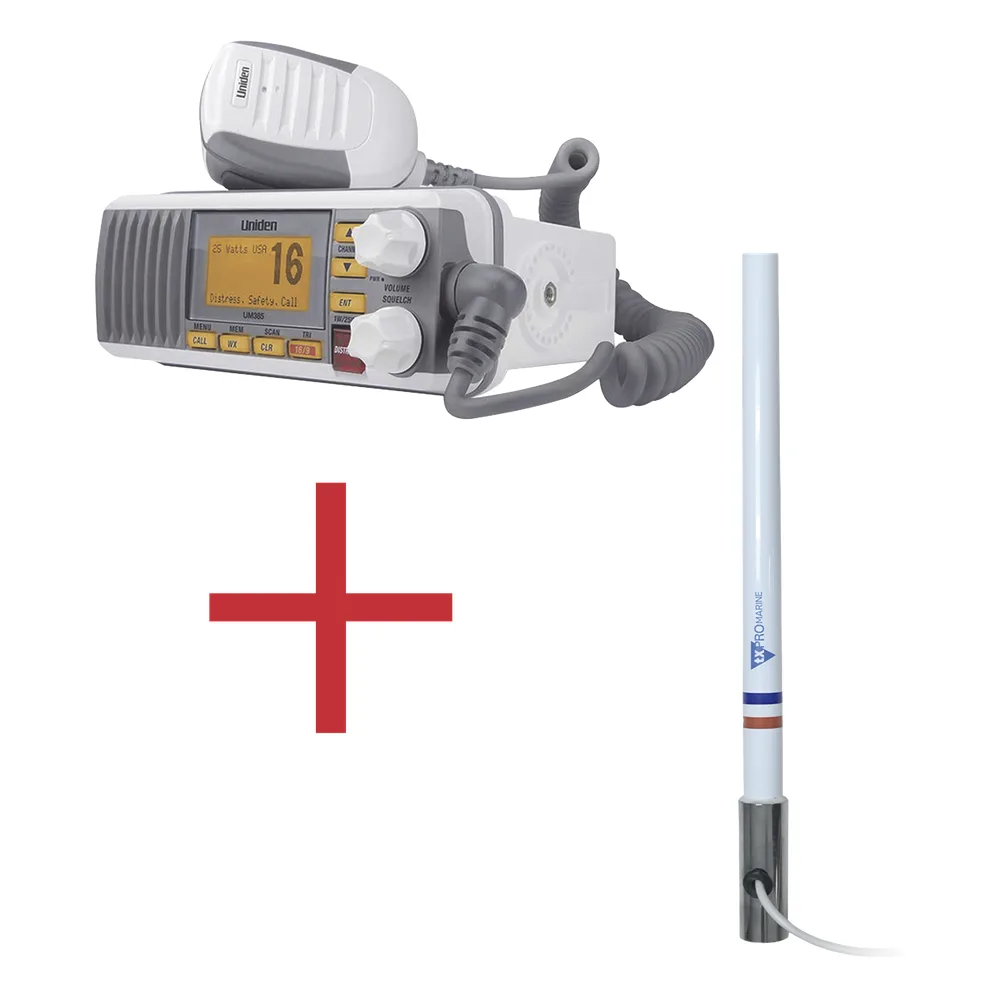 Kit de radio UM385 | mas antena marina de fibra de vidrio TX-5101-SYS fabricada en fibra de vidrio con base roscable de acero inoxidable – vista 2