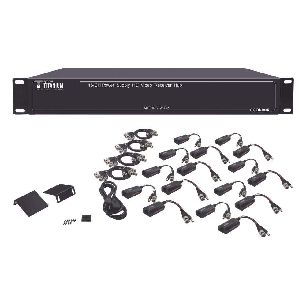 Kit de TRANSCEPTOR ACTIVO DE 16 Canales / VIDEO+PODER en un solo Cable UTP / 150m en 4K, 200m en 5 MP/ Envía 36 Vcc y recibe 12 Vcc / TODO INCLUIDO PARA RACK / Compatible con cámaras HD-TVI/CVI/AHD/CVBS / Instalación Limpia
