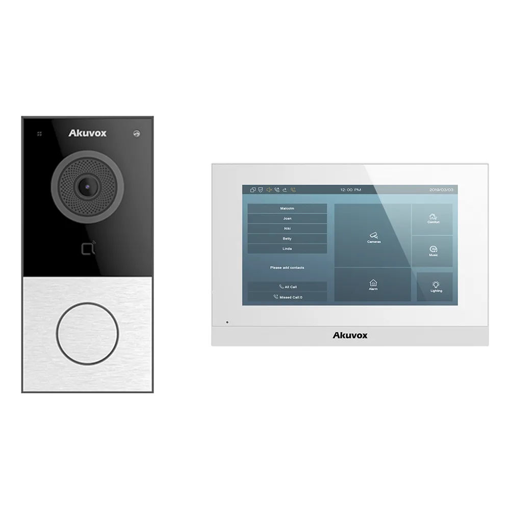 Kit de Videoportero Akuvox WIFI/ Monitor Linux de 7 Pulgadas/ 100% en la Nube / POE / Bluetooth / NFC / Lector de Tarjetas MIFARE / ONVIF / IP65 / Cámara 2 MP / Botón con Iluminación / Control de 1 Puerta / Entradas de Alarma