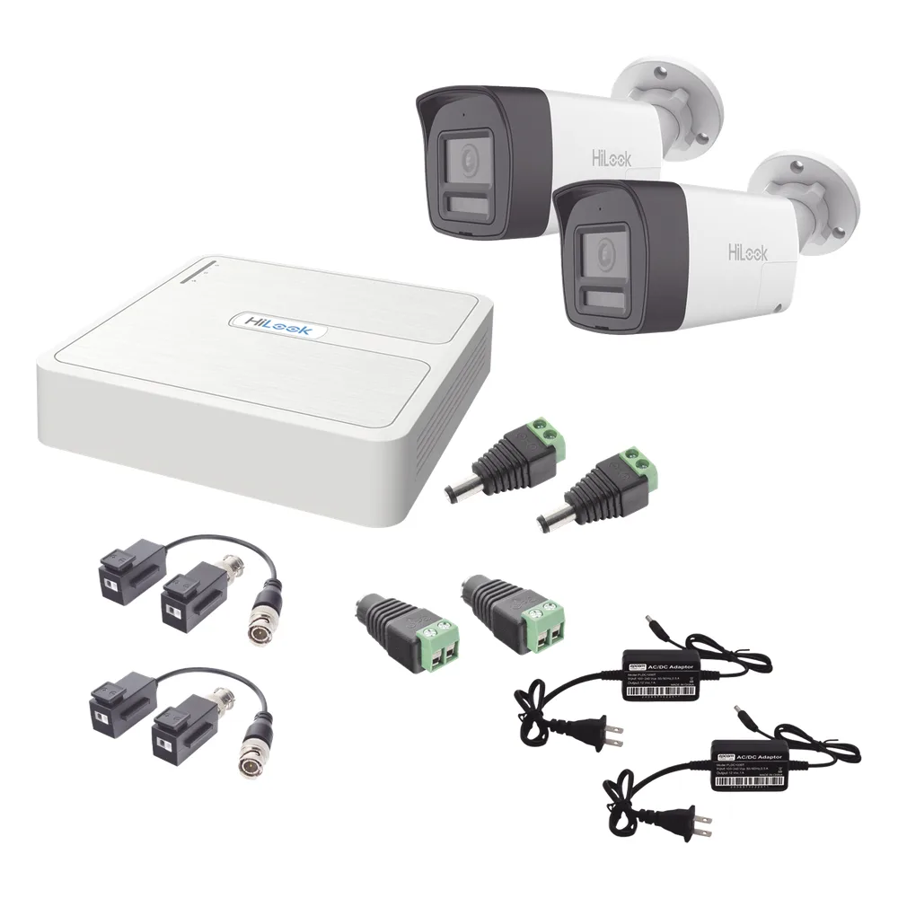 Kit HiLook Audio Bidireccional TurboHD 1080p / DVR 4 Canales / 2 Cámaras Bala (Exterior) con Bocina y Microfóno Integrado / 2 Fuentes de Poder / Accesorios